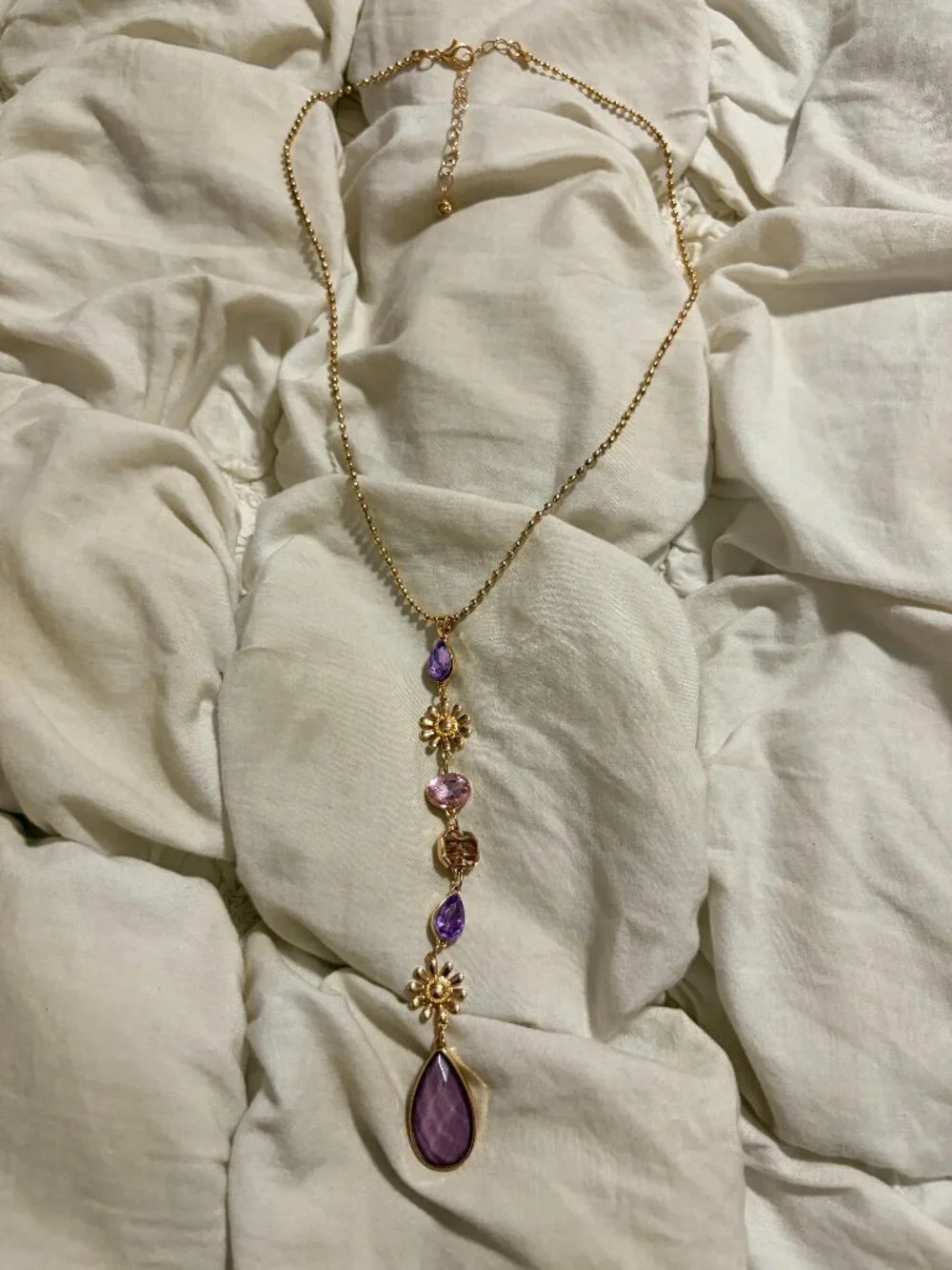 Free People Purple Crystal and Floral Lariat Necklace